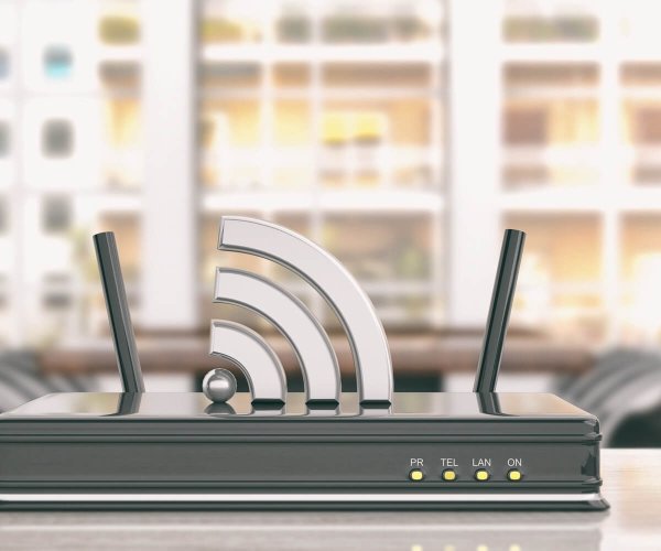Wifi router in an office background. 3d illustration